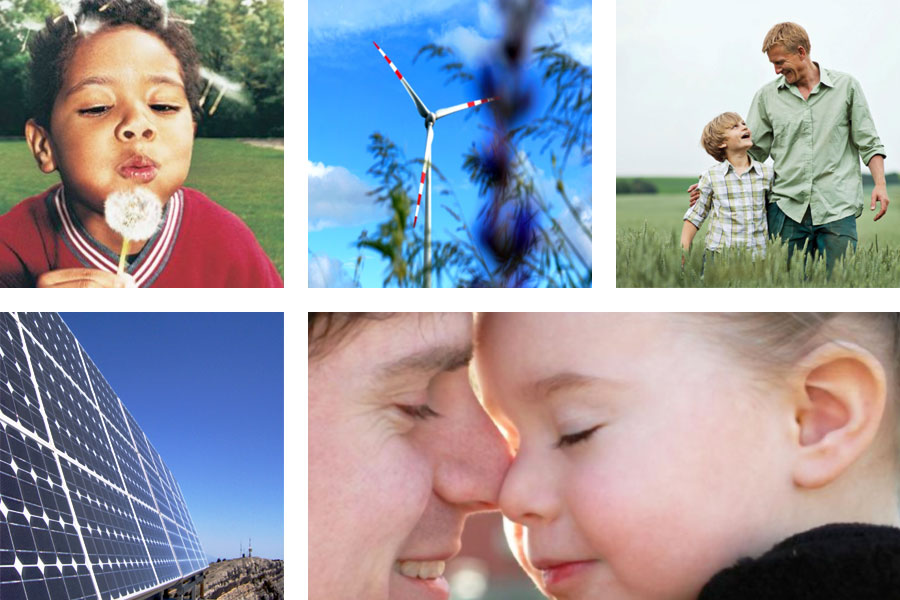 Klimaschutz Sachsen homepage foto: ein Kind weht ein Löwenzahn Uhr, eine Windkraftanlage, einen Solarpark und Eltern mit ihren Kindern