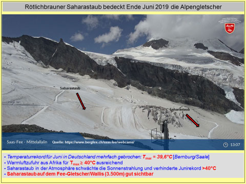 Rötlichbrauner Saharastaub bedeckt Ende Juni 2019 die Alpengletscher